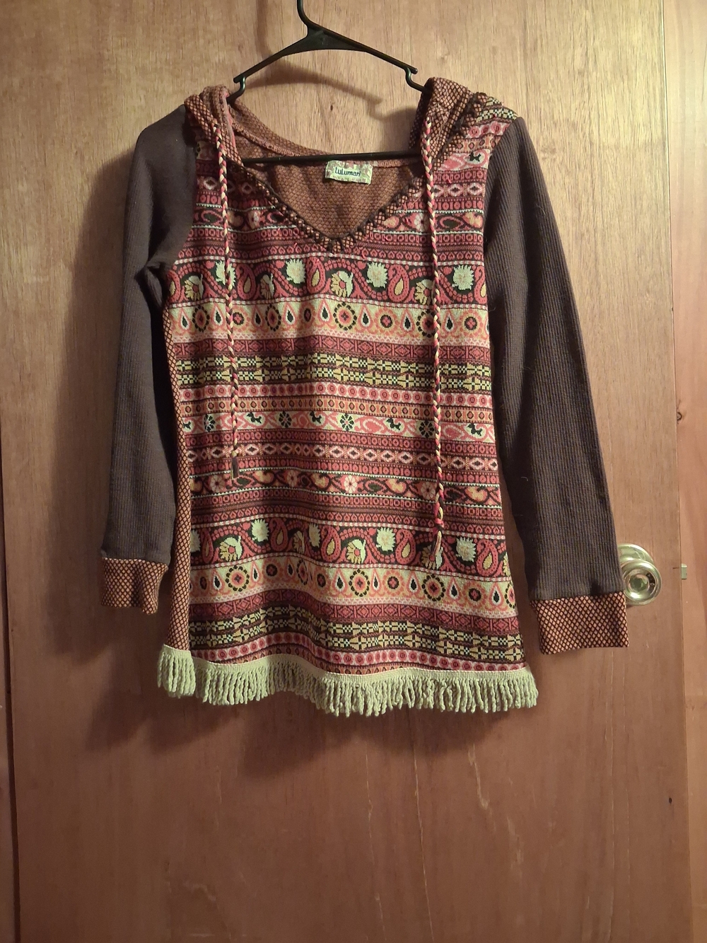 Lulumari Multicolor Boho Hooded Knit Tunic in Brown and Rust
